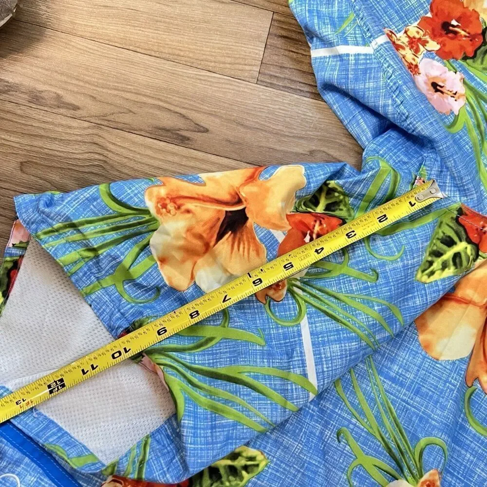 OP Sz 2XL Swim Trunks Board Shorts Mens Drawstring Blue Hawaiian Floral 0841